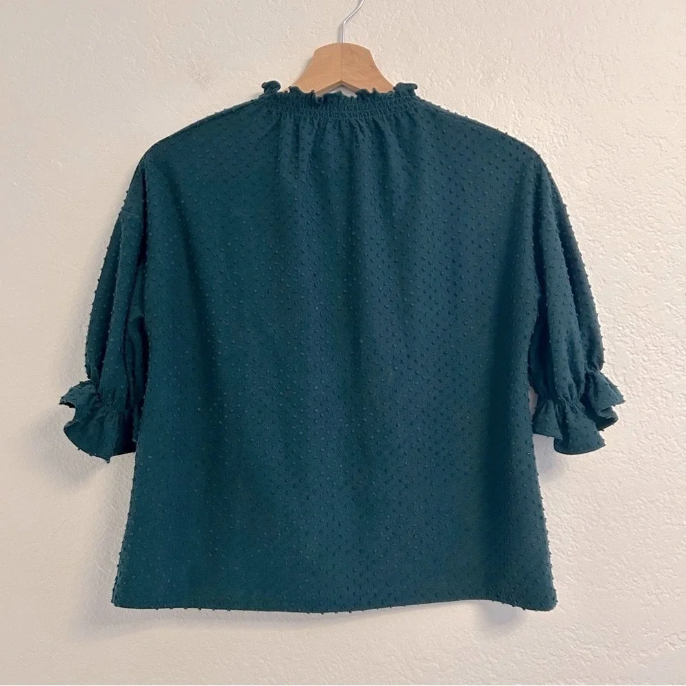 Madewell Texture & Thread Top Teal Green Swiss Dot Smocked Mock Neck Size XS